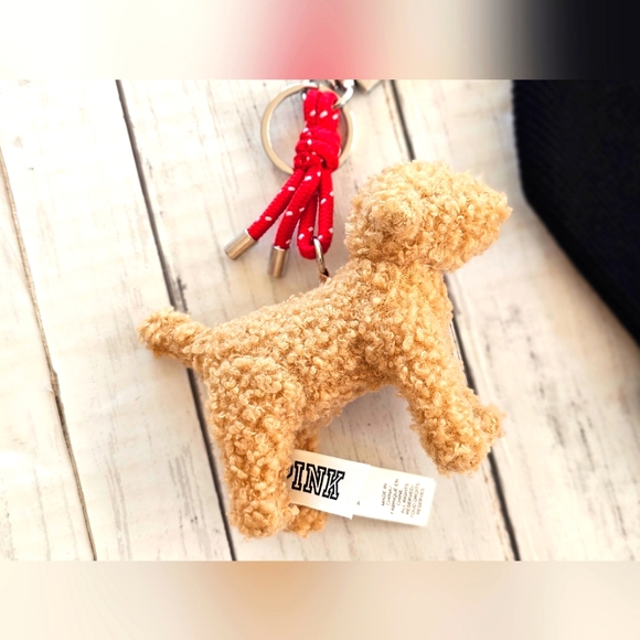 NEW LOT of 2 Victoria's Secret Black & Gold Cuffed Beanie & Fuzzy Dog Keychain - Picture 3 of 7